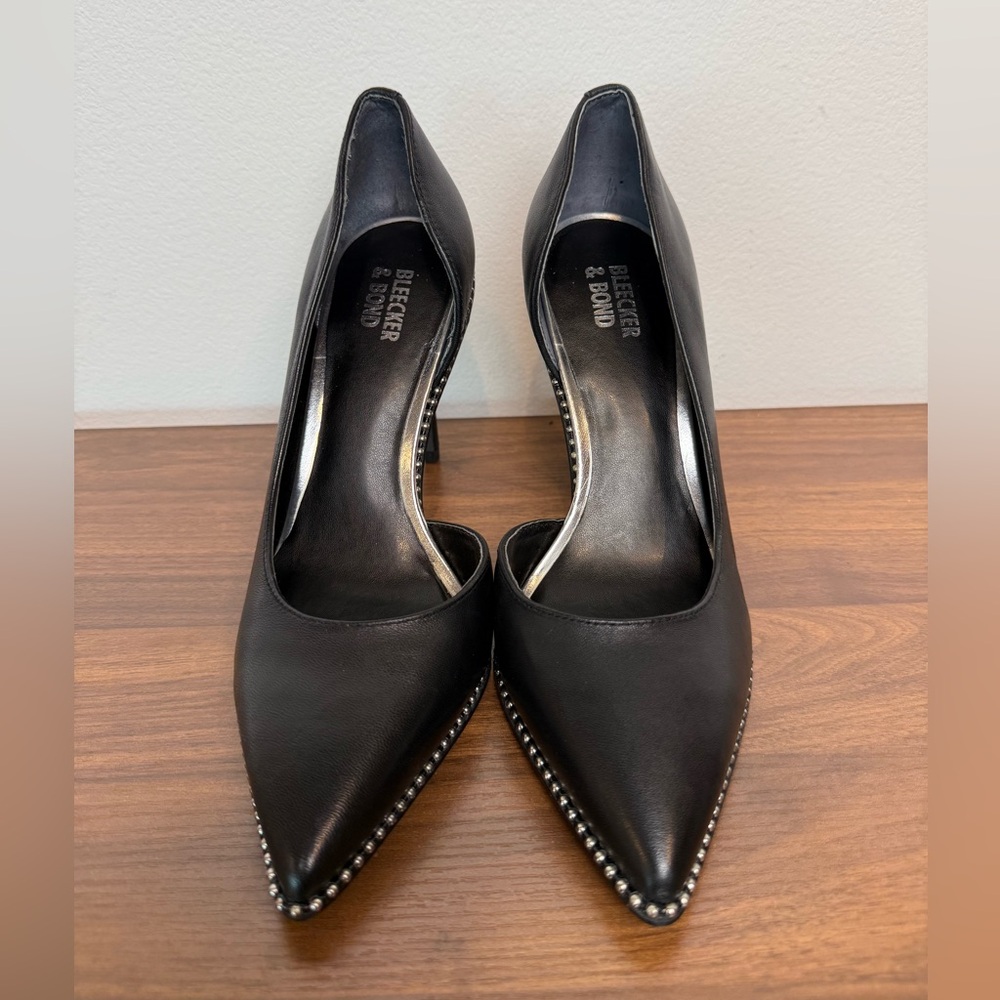 Bleecker & Bond Black Leather Stiletto Heels with Silver Stud Trim Size 7M